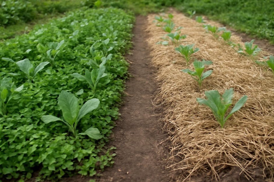 A vegetable bed showing living groundcover beside a bed covered in straw