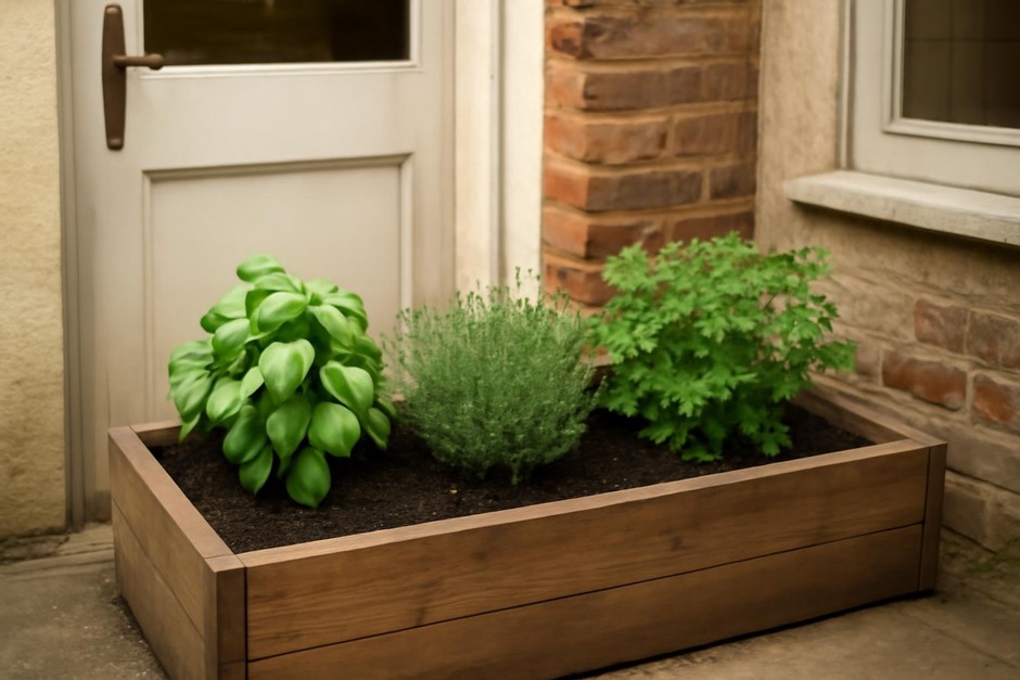 Small raised herb bed beside a kitchen door with basil, thyme, and parsley