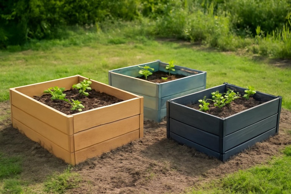 Three raised garden beds made of wood, metal, and recycled plastic