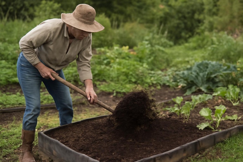 Gardener spreading compost on a vegetable bed in late summer