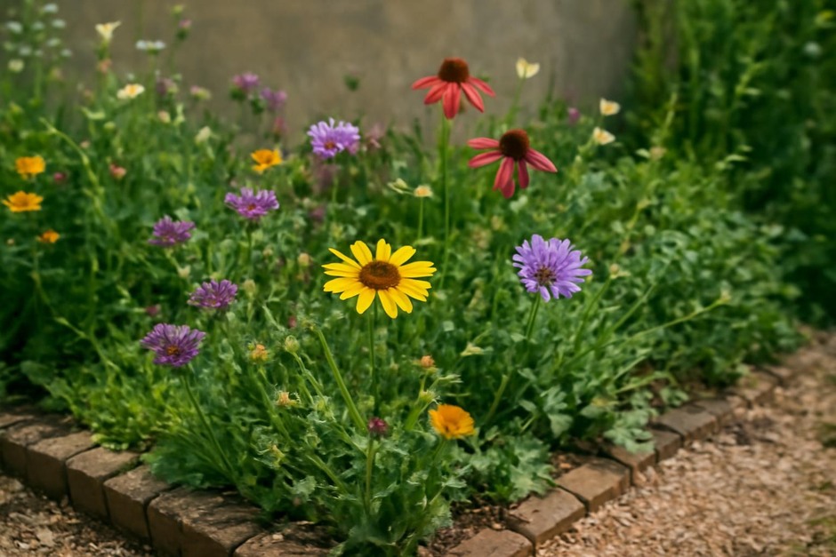 A small sunny garden corner planted with mixed flowers and a bee visiting a bloom