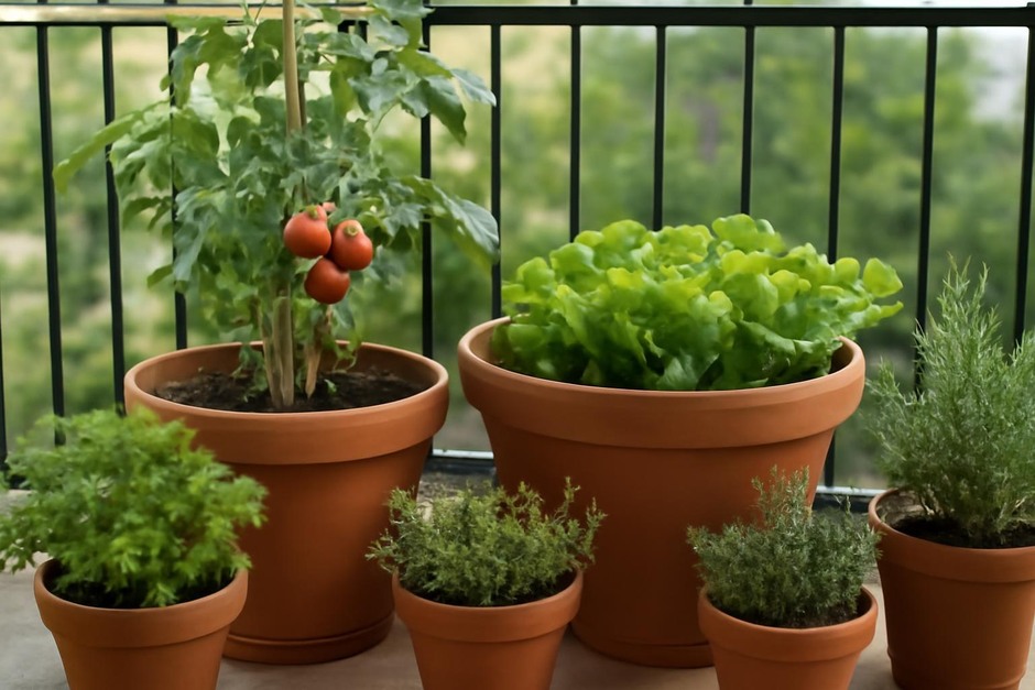 Small container vegetable garden on a balcony with tomato, lettuce, and herbs